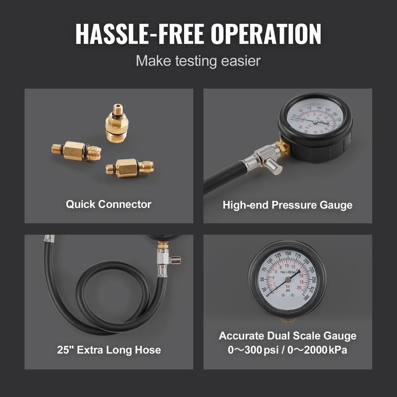 Compression Tester Adapter Kit, 9 Pcs Automotive Engine Cylinder Leak Down Compression Test, Dual Scale Pressure Gauge 0-300 psi