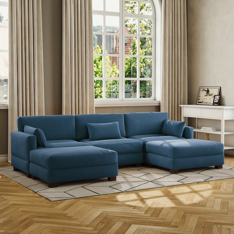 Corduroy Upholstered Modular Sectional Sofa for Living Room - BLUE 5-PIECE