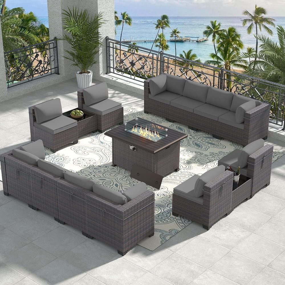 15-Pieces Wicker Patio Furniture Set, Outdoor Sectional Chairs with Firepit Table & Side Table