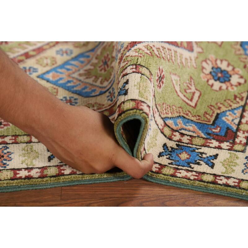 Hand Knotted Oriental 100% Wool Carpet Traditional Geometric Green Kazak Area Rug - 3' 1'' X 2' 0''