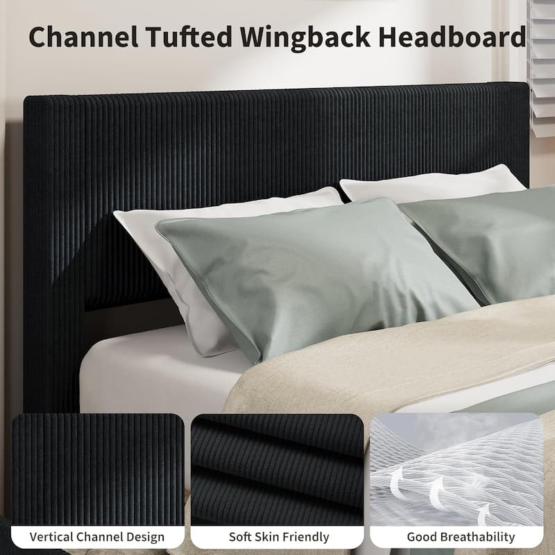 Upholstered Platform Bed with 4 Storage Drawers, Channel Tufted Wingback Headboard & Solid Wood Slat Support