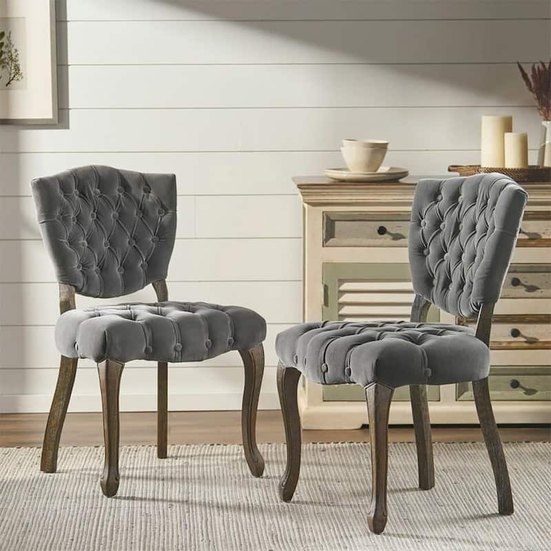 2PCS Tufted Polyester Dining Chairs With Wood Legs - Charcoal