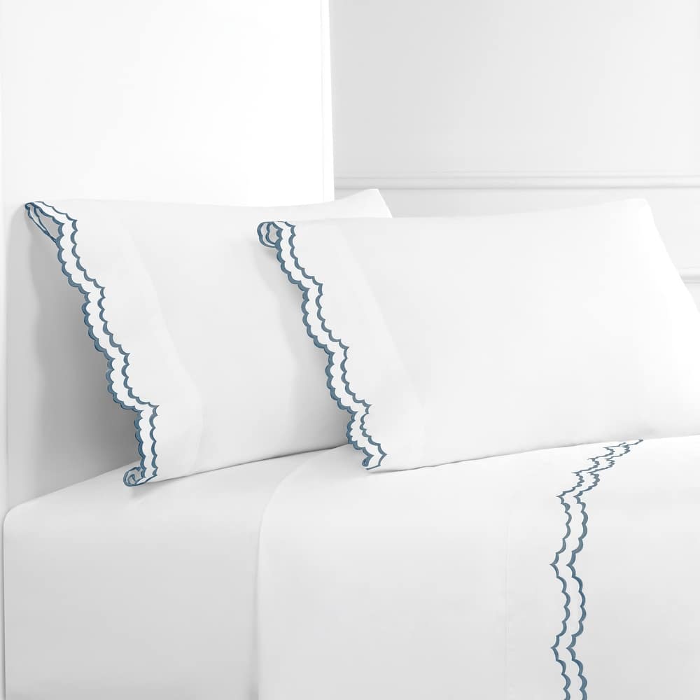 Percale Cotton Double Scalloped Embroidered Crisp Sheet Set