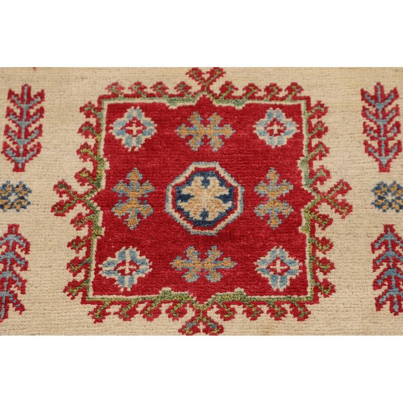 Beige / Ivory Kazak Accent Rug Hand-Knotted Geometric Wool Carpet - 3'11" x 4'11"