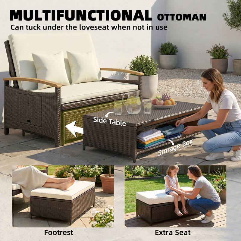 Outsunny Rattan Outdoor Daybed w/4-Level Adjustable Backrest, Patio Sofa Bed w/Loveseat, Storage Ottoman, Acacia Wood Armrest