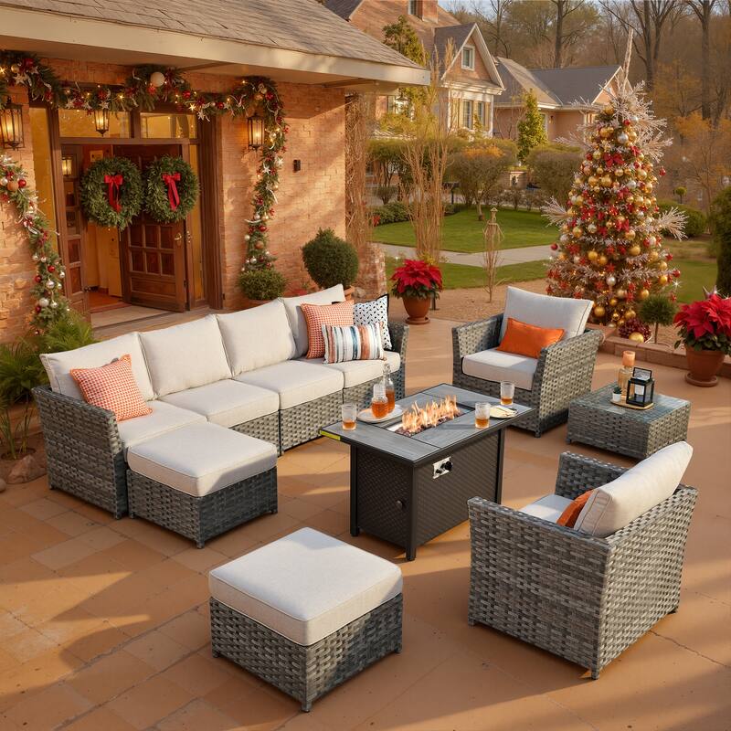 XIZZI 10-piece Patio Furniture Outdoor Sectional Sofa Set with Fire Pit - Ivory
