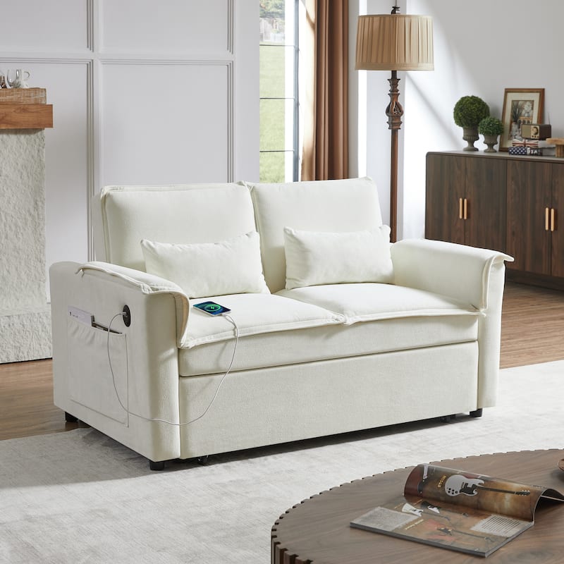 Pull Out Loveseat Sofa Convertible Sleeper Love Seat Bed with USB Ports and 2 Pillows Adjustable Backrest Tufted Couch