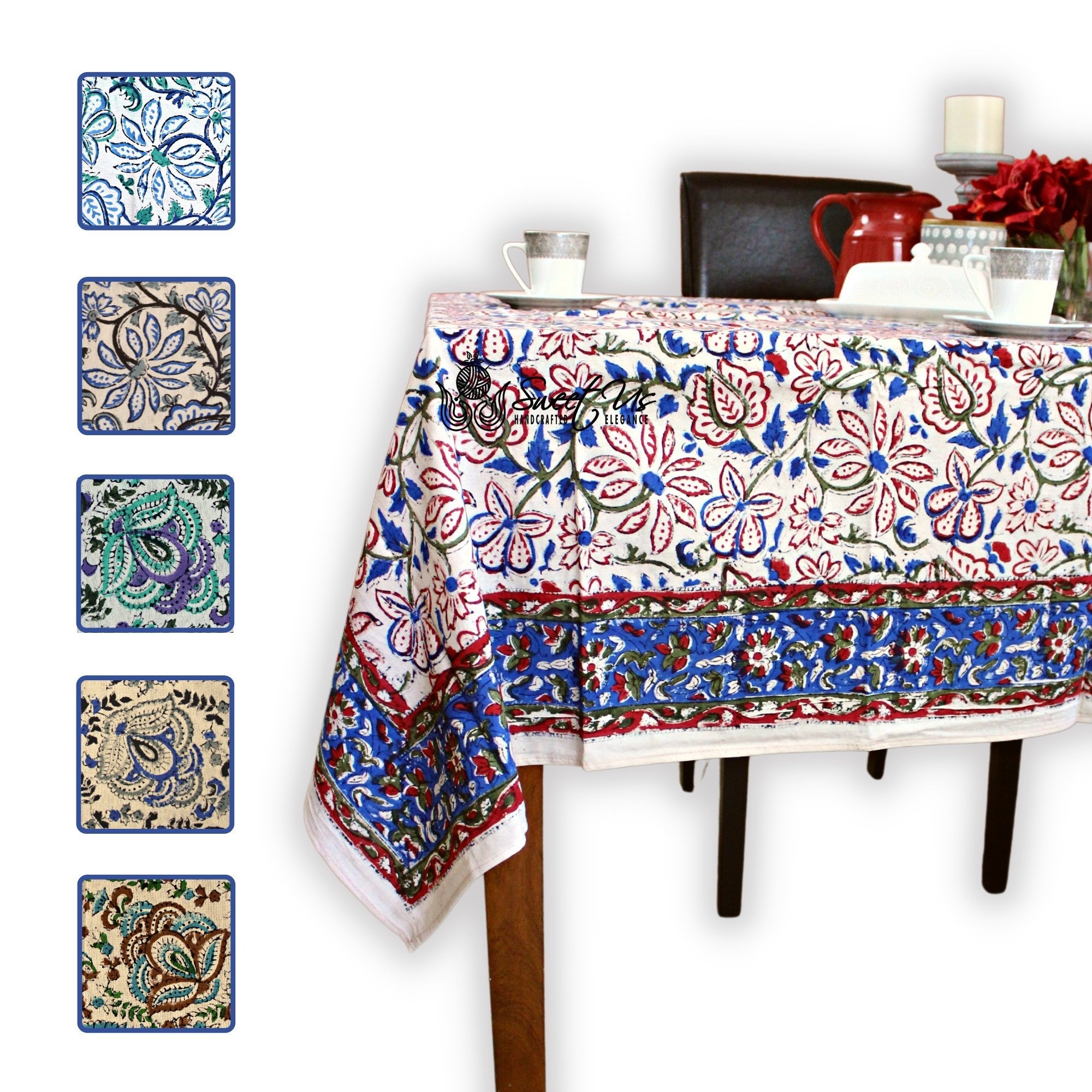 Ashlyn Handmade Cotton Floral Square Tablecloth Blue Red Green - 70 x 70 in