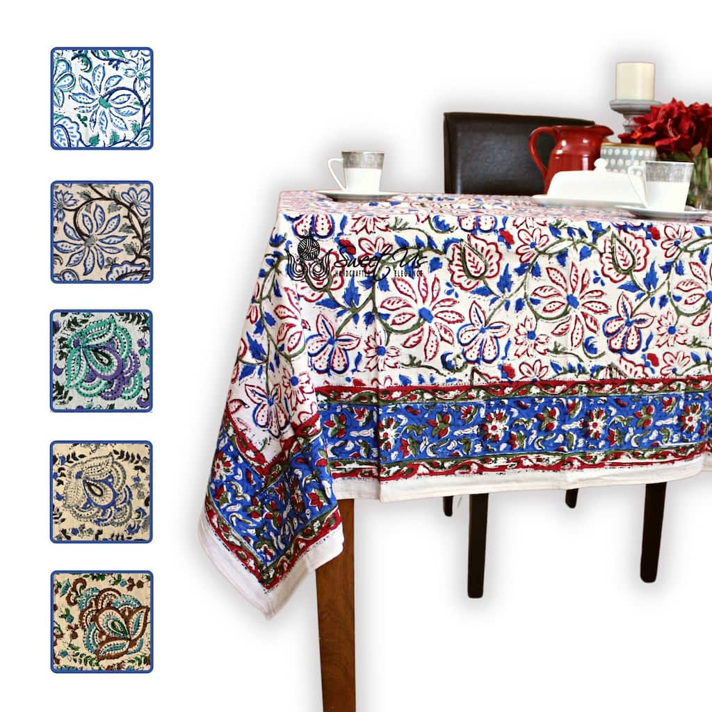 Ashlyn Handmade Cotton Floral Square Tablecloth Blue Red Green - 70 x 70 in