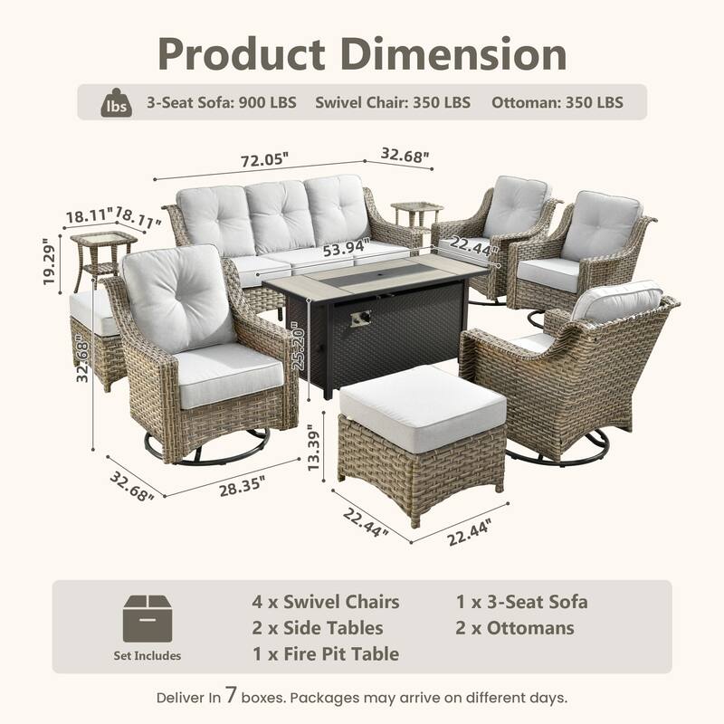 HOOOWOOO 10-piece Wicker Outdoor Patio High Back Swivel Chair Set with Fire Pit