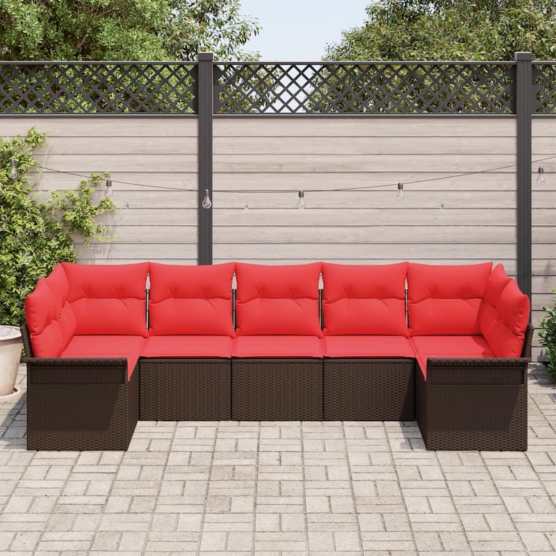 vidaXL 7 Garden Sofa Set with Cushions Black/Brown/Grey Poly Rattan - 113.8 x 52.2 x 27.2