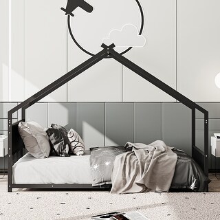 Metal House Floor Bed Frame with Roof and Colorful Lights