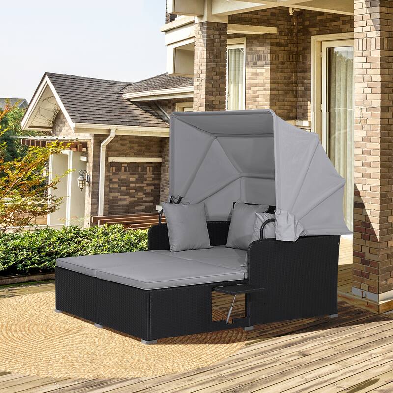 Outdoor Patio Daybed with Canopy and Foldable Side Trays - 65" x 60.5 x 58.5"