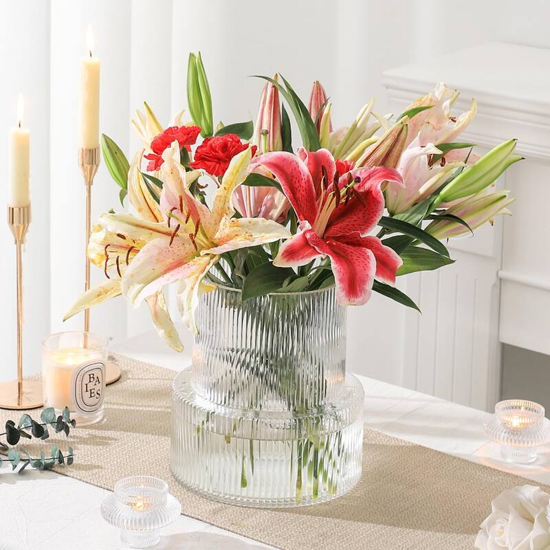 Ribbed Glass Vase, Large Glass Vase, Flower Vase, Fluted Glass Vase for Flowers, Modern Vase, Clear Glass Vase - White