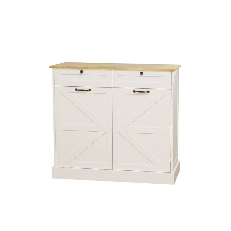 White Kitchen Trash Can Storage Cabinet with Drawers and Shelves