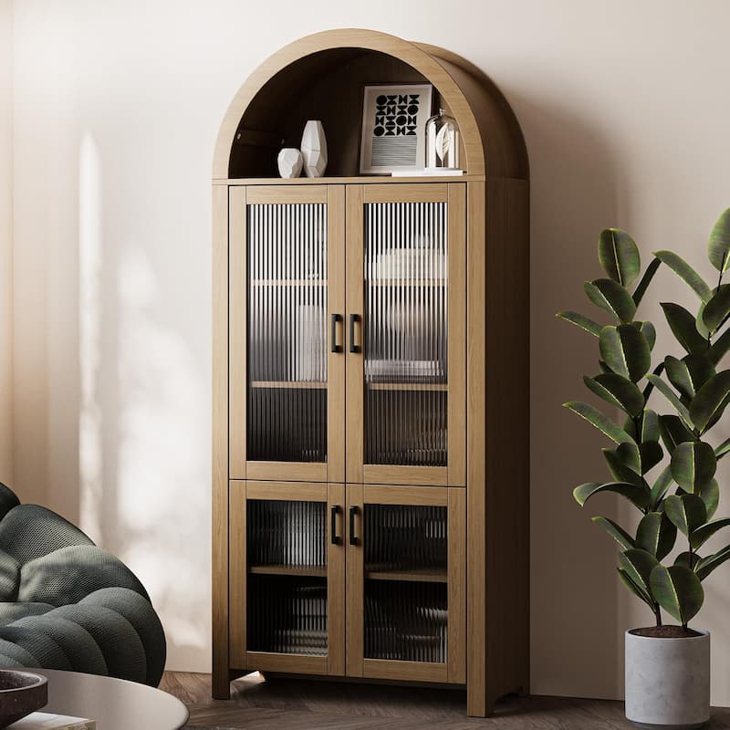 71" Tall Arched Cabinet with Glass Doors, Modern Farmhouse Arched Bookcase Storage with Shelves, Pantry Cabinet