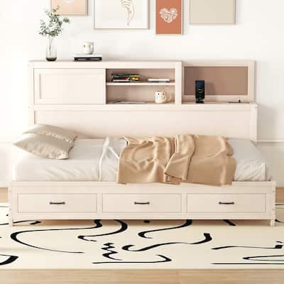 Full Size Platform Bed Wood Daybed with Storage Shelves, Drawers, Upper Soft Board, Charging Station and Slats Support