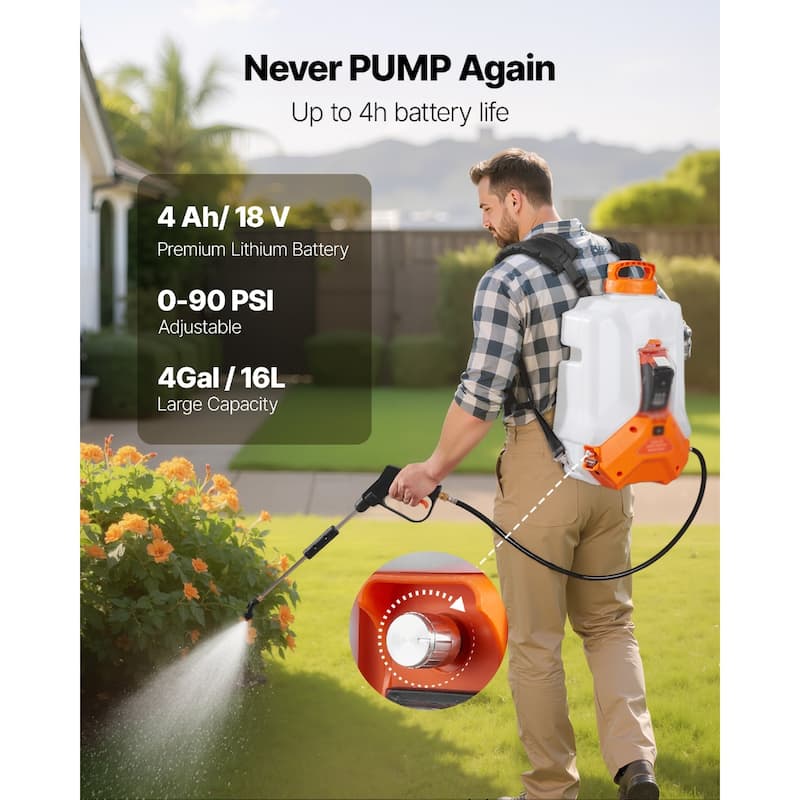 White and Orange 16L Battery-Powered Backpack Sprayer with Adjustable 0-90 PSI and Ergonomic Design