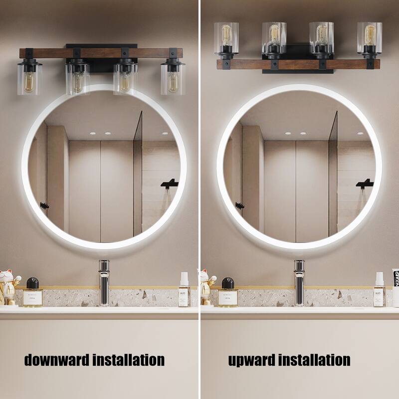 27" Rustic 4-Light Vanity Light, Industrial Bathroom Wall Sconce with Glass Shades and Wood Accent (No Bulbs) - Walnut