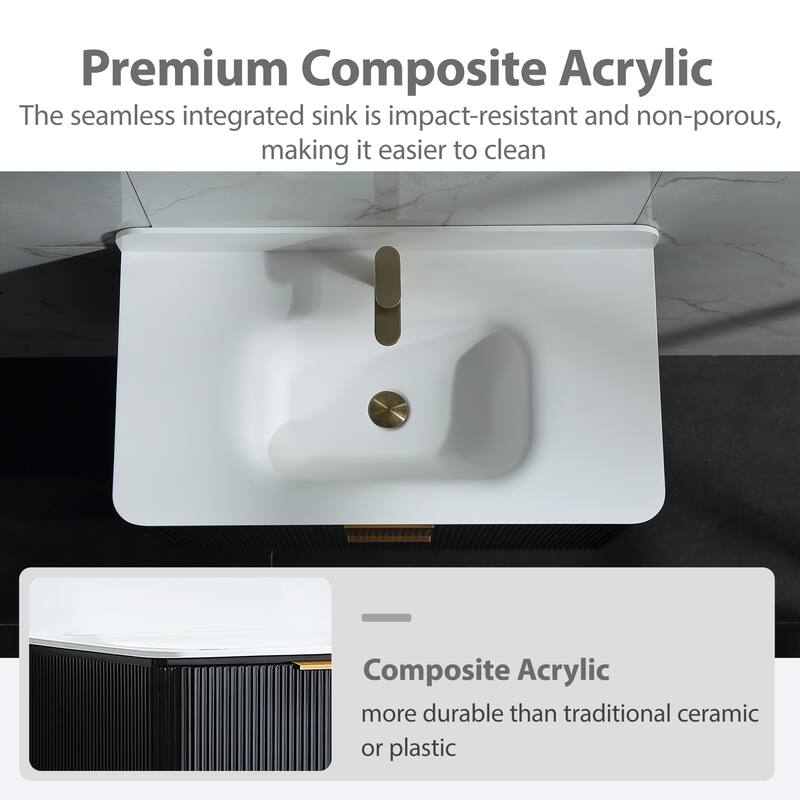 Modland Fluted Floating Vanity with Sink, Plywood Wall Mount Cabinet, Curved Edge, 24/30/36 Inch