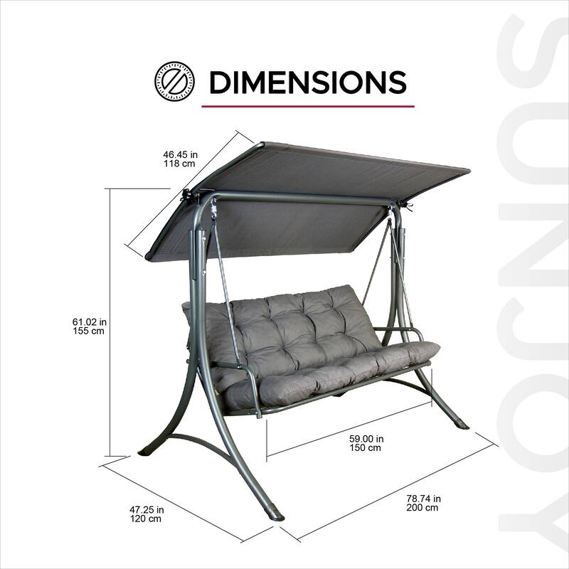 SUNJOY 3 Seat Deluxe Patio Swing Steel Frame, Adjustable Canopy Cushions Made in Italy