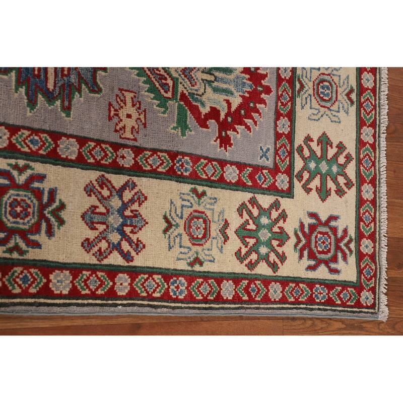 Grey Geometric Kazak Oriental Area Rug Handmade Wool Carpet - 5'1" x 6'9"