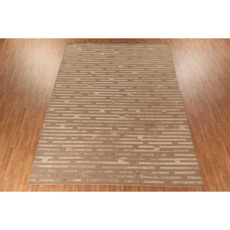 Striped Nepalese Modern Large Area Rug Hand-Knotted Wool Carpet - 10'0" x 13'8"