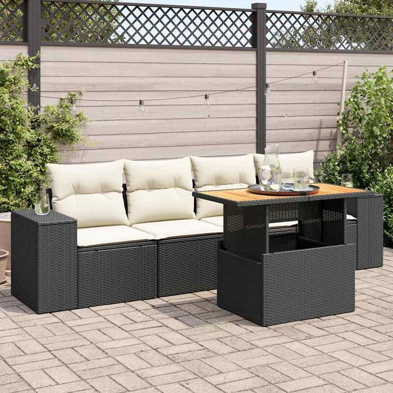 vidaXL Patio Sofa Set with Cushions Sectional Lounge Sofas 5 Piece Poly Rattan - 21.7 x 39.4 x 28.7 - Black and cream with storage