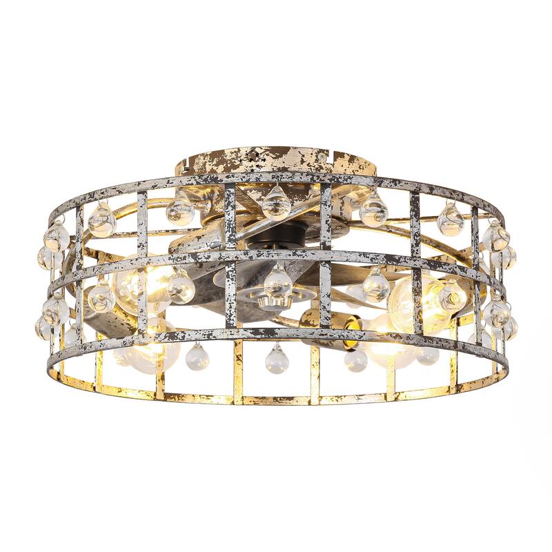18-inch Distressed Silver Crystal Caged Low Profile Celing Fan Fandelier with Remote and APP Control