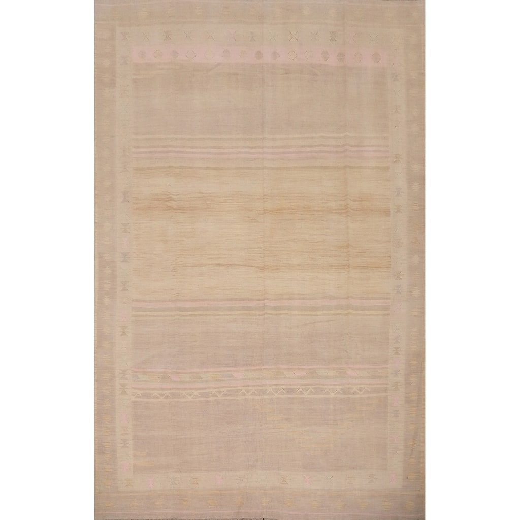 Hand Woven Oriental 100% Wool Carpet Southwestern Tribal Beige & Ivories Kilim Area Rug - 11' 11'' X 9' 1''