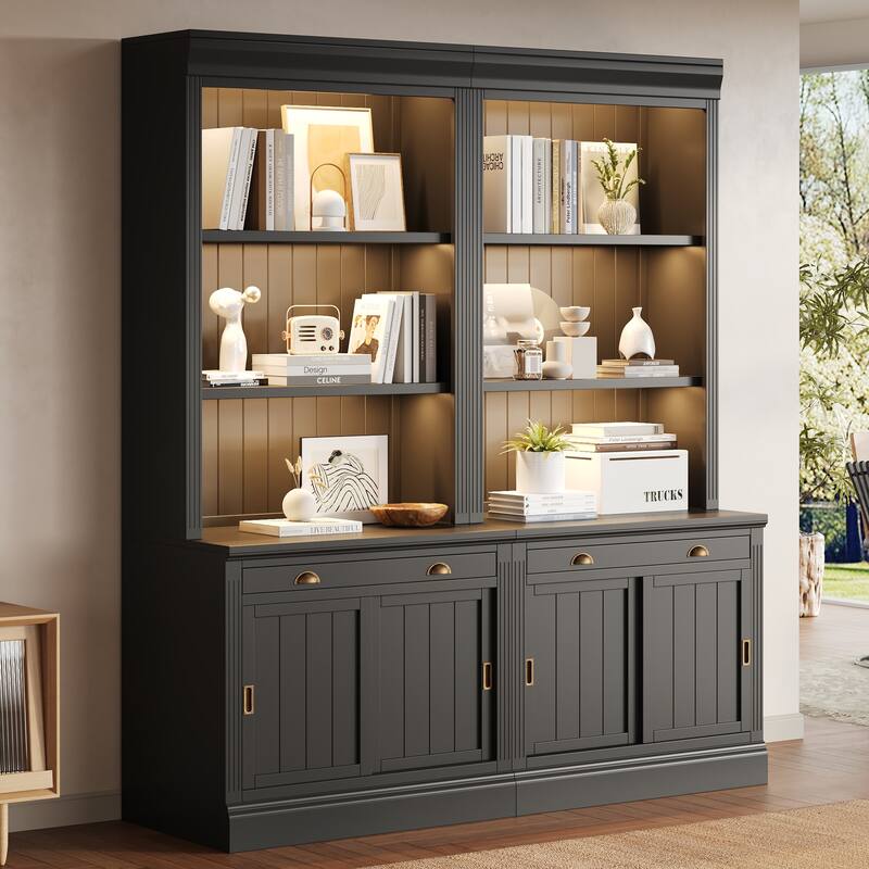 83.4" Modern LED Bookshelf with Sliding Doors & Open Shelves - Space-Saving Storage Bookcase for Living Room and Home Office - Black + Solid Wood+MDF*2