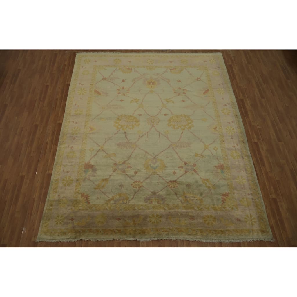 Hand Knotted Oriental 100% Wool Carpet Transitional All-Over Green Oushak Area Rug - 12' 10'' X 10' 5''
