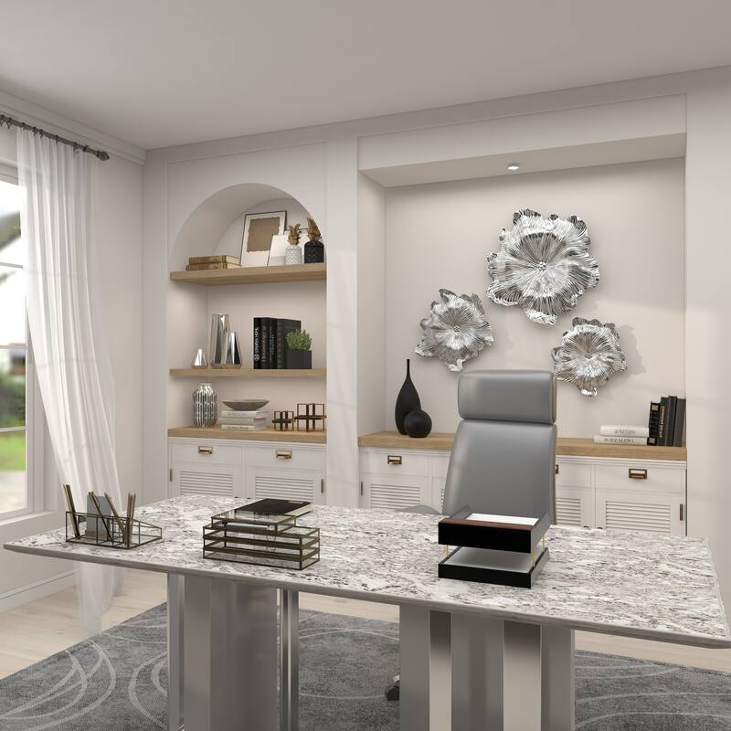 Silver Polystone 3D Floral Home Wall Decor (Set of 3)