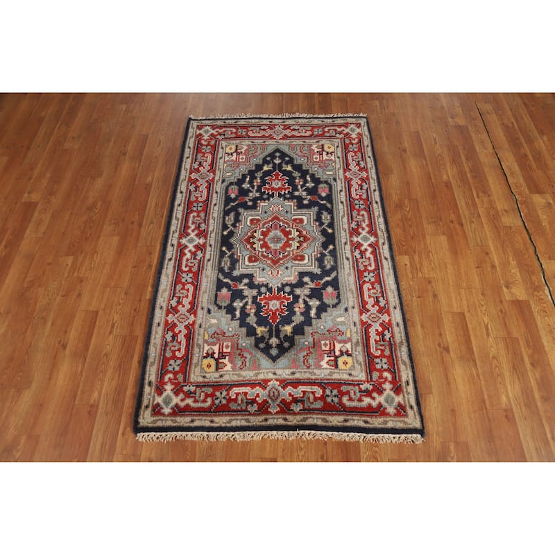 Hand Knotted Oriental 100% Wool Carpet Traditional Medallion Navy Blue & Blues Heriz (serapi) Area Rug - 5' 0'' X 3' 0''