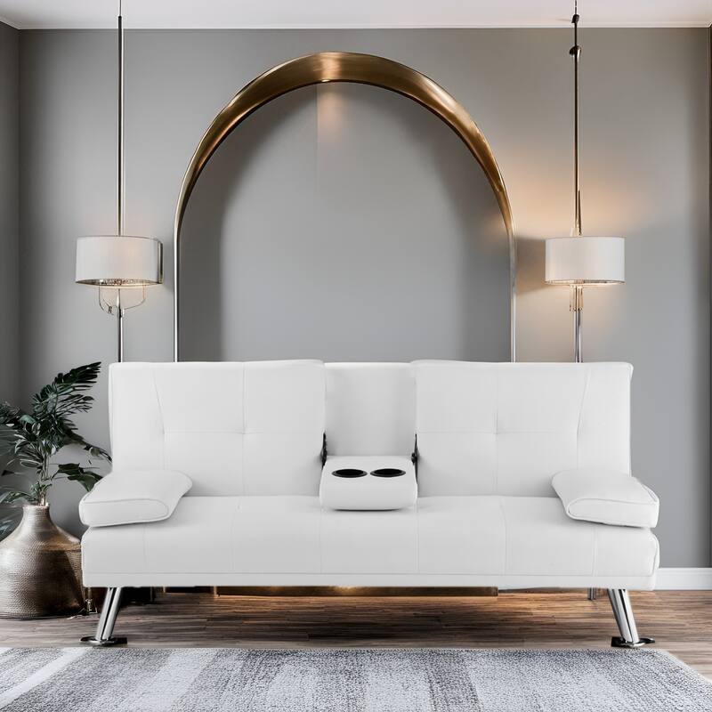 Convertible Futon Sofa Bed with Armrests & Cupholders - Faux Leather Reclining Couch for Small Spaces