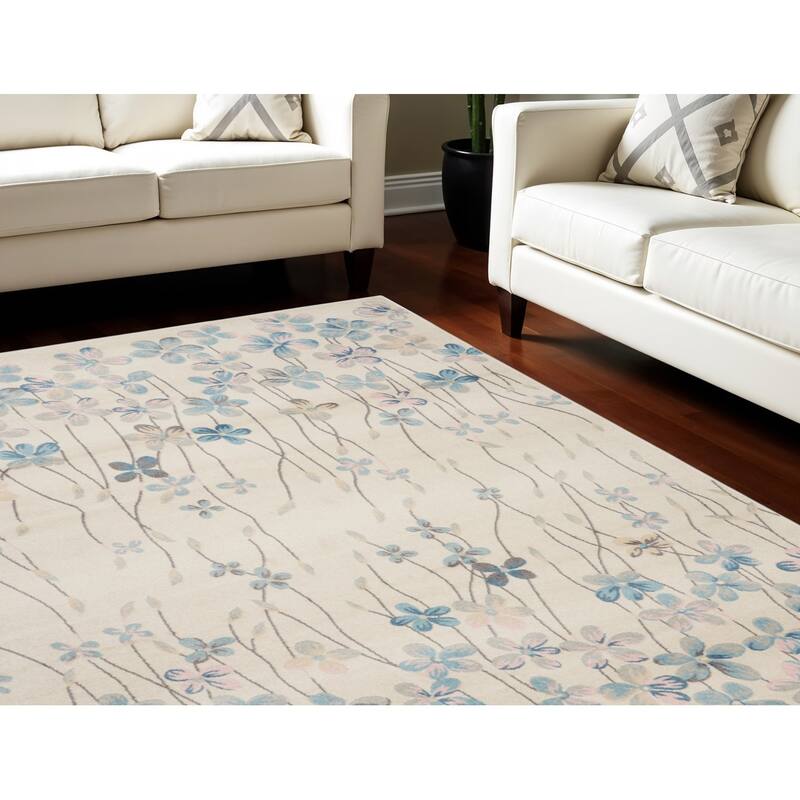 HomeRootsFloral Contemporary Rectangle Area Rug - 142' X '106' X '0.5 - 142' X '106' X '0.5 - Blue/Ivory