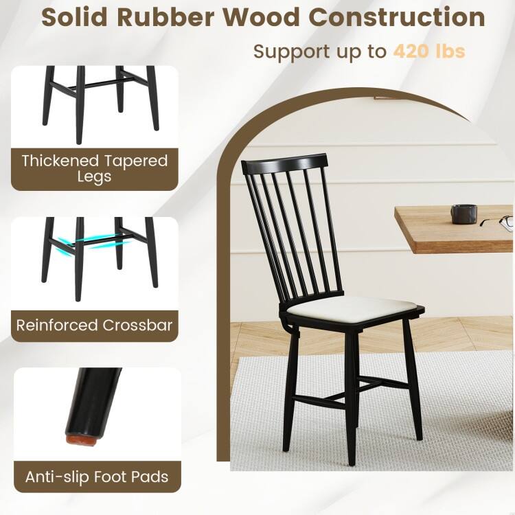 Set of 2 Windsor Dining Chairs with Cushioned Linen Seats and Solid Rubber Wood Frame - 20.5" x 16" x 38"