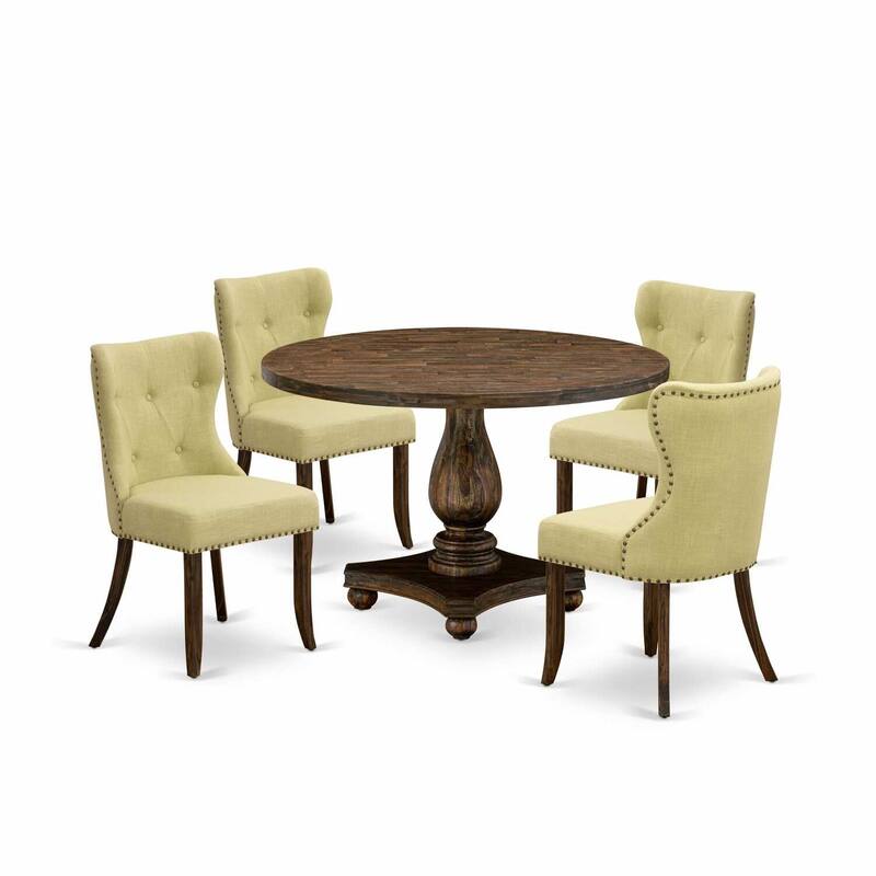 HomeStock 5-Piece Distressed Jacobean Finish Solid Wood Top Dining Table with 4 Parson Chair