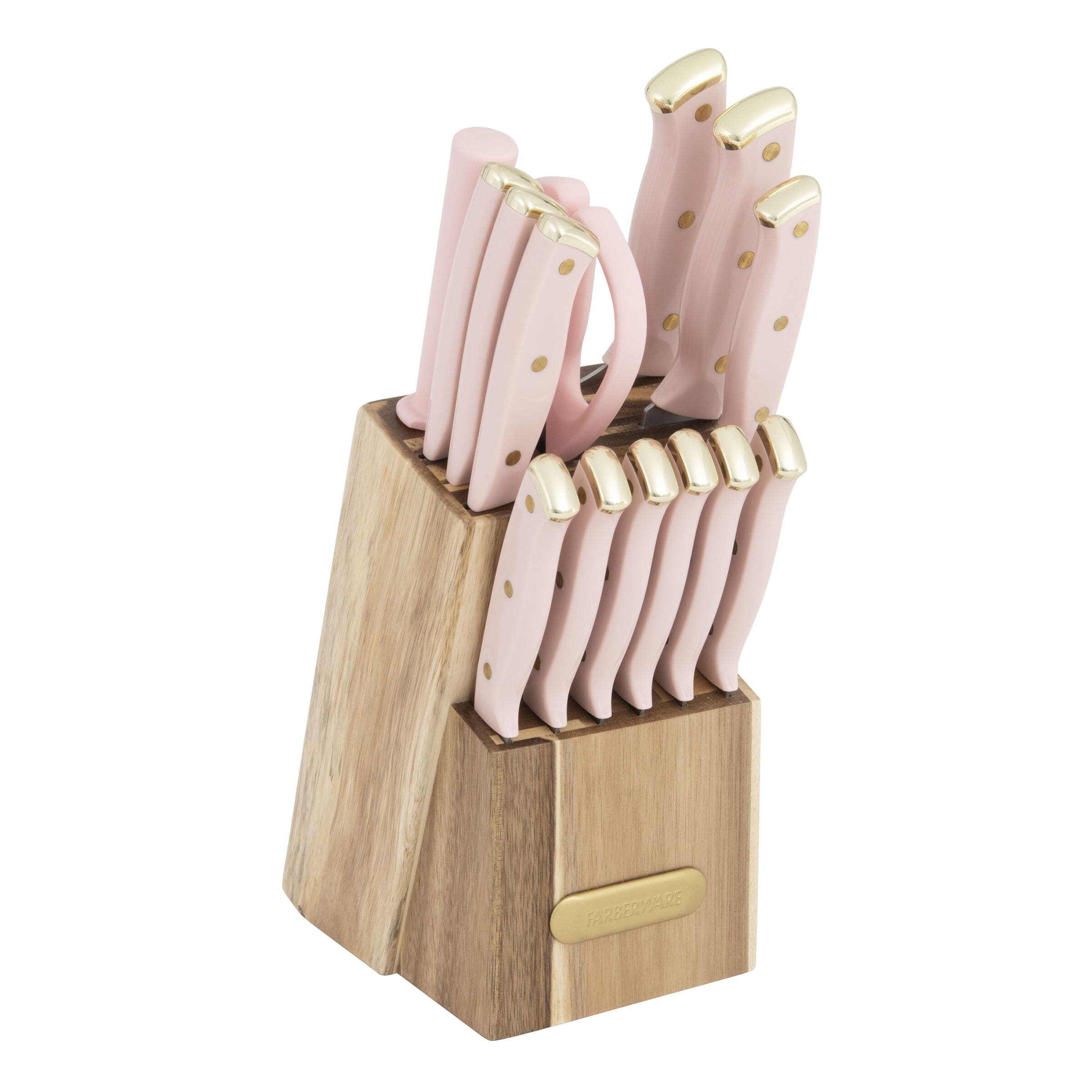 Farberware 15-Piece Triple Riveted Knife Block Set, Pink and Gold