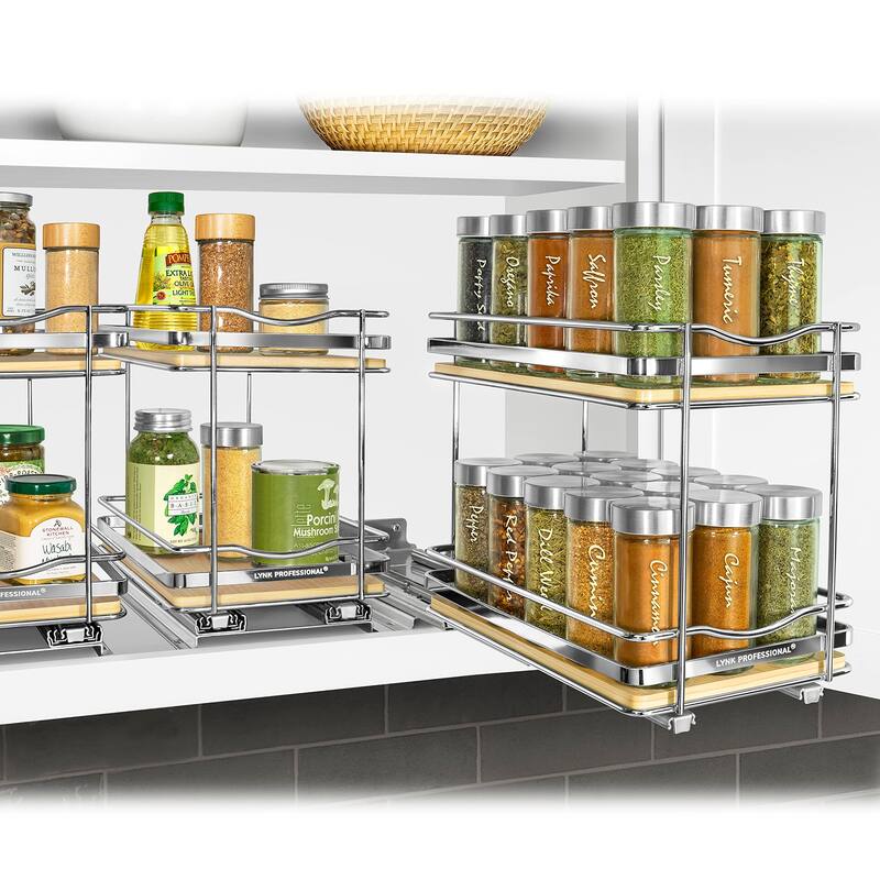 ® Élite™ Pull Out Spice Rack Organizer 6-1/4 inch Wide Slide Out Rack Wood and Chrome Sliding Spice Organizer Shelf - 2 Tier