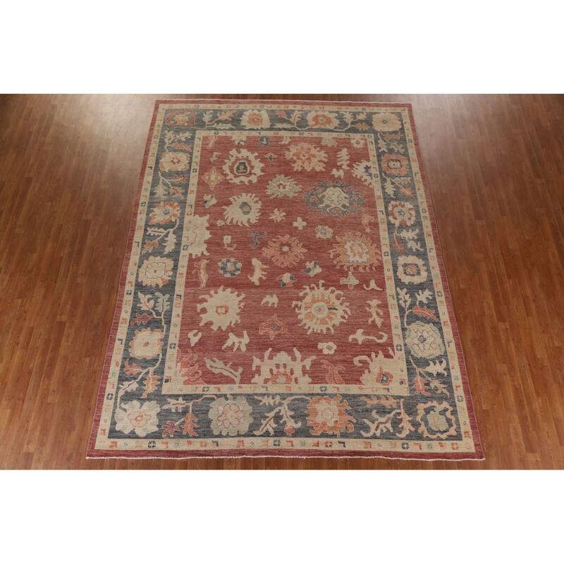 Floral Red Oushak Turkish Area Rug Hand-knotted Wool Carpet - 8'11" x 11'10"