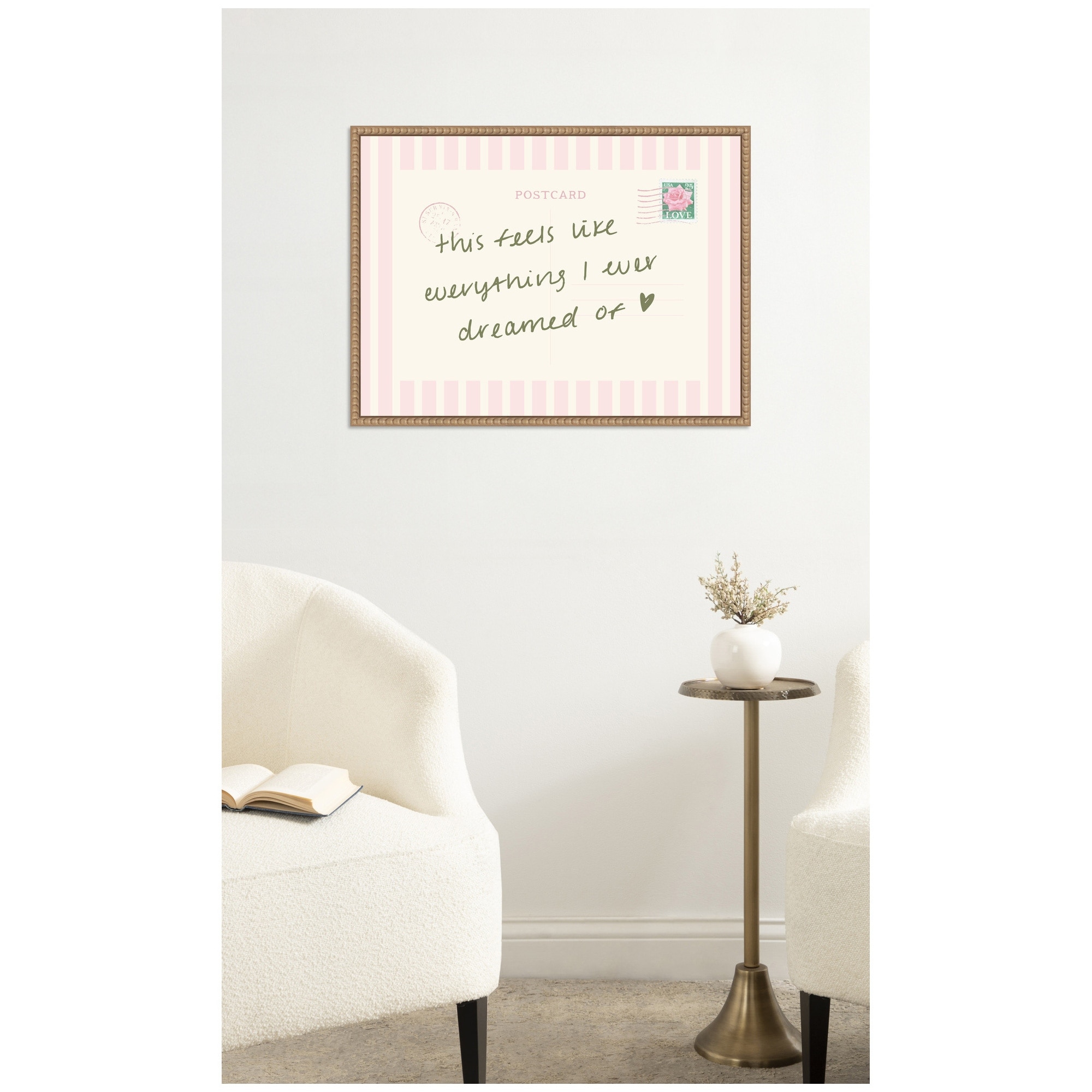 Kate and Laurel Vintage Postcard Print Pink Stripe Travel Dream by Lucky Guava Framed Canvas Wall Art Print