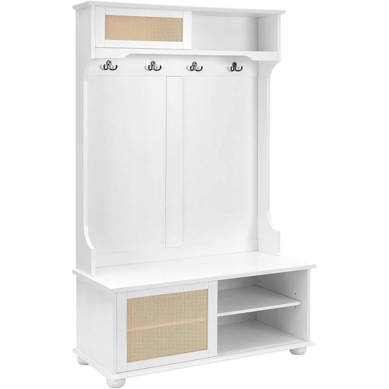 Roomfitters Casual Style Hall Tree Entryway Bench with Rattan Door Shelves, Shoe Cabinets, Solid Wood Feet