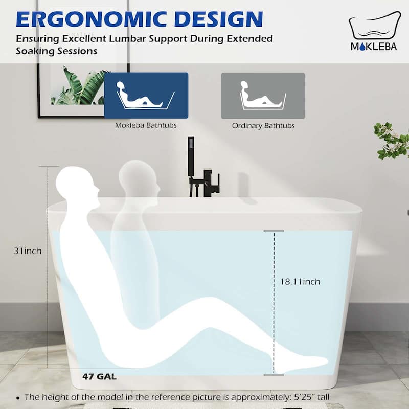 47 in.L x 27.55 in.W Japanese Soaking Acrylic Freestanding Flatbottom Bathtub Reversible Drain