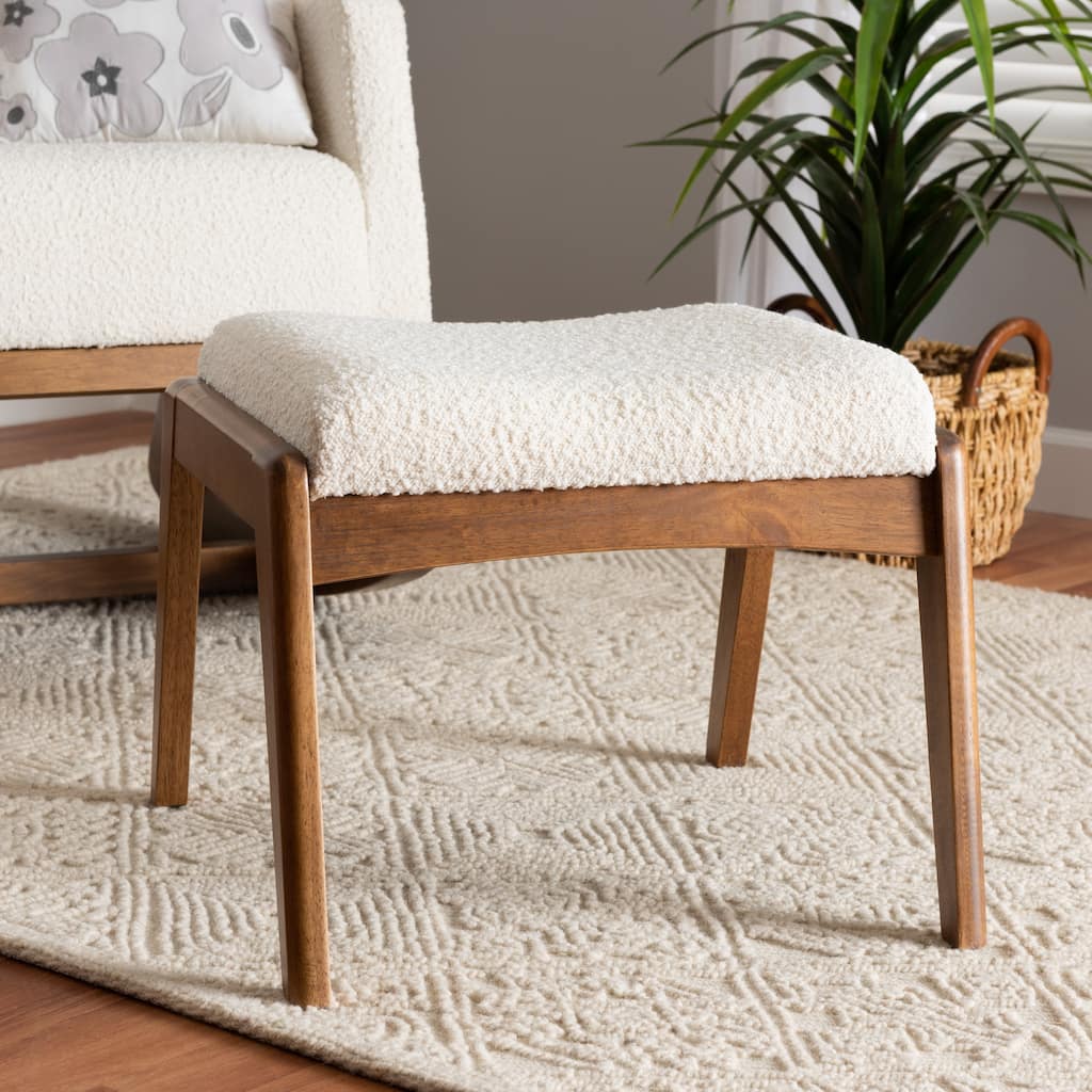 Roxy Mid-Century Modern Off-White Boucle Upholstered and Walnut Brown Finished Wood Ottoman Footstool