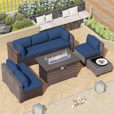 Outdoor Rattan Sectional Sofa Set, Patio Furniture Conversation Set with Fire Pit Table