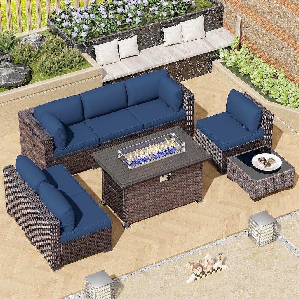 Outdoor Rattan Sectional Sofa Set, Patio Furniture Conversation Set with Fire Pit Table