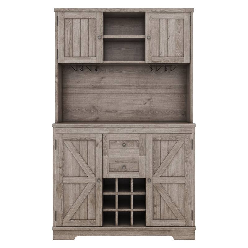 Farmhouse Home Bar Wine Storage Cabinet, Buffet Sideboard Kitchen Pantry with Adjustable Shelves, Drawers & Wine Glass Racks
