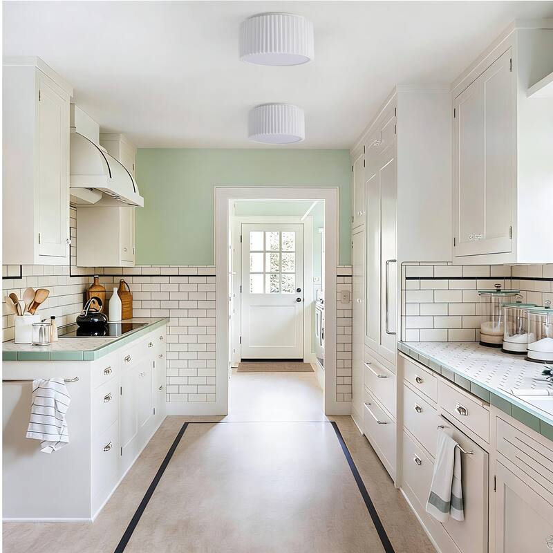 2-Light Modern Fabric Flush Mount Ceiling Light with Pleated Drum Shade - White