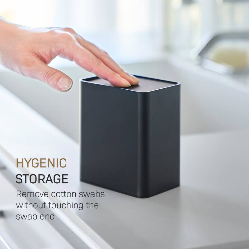 Yamazaki Home Cotton Swab Push-Top Case, ABS Plastic, 200 cotton swabs, Lid - L 2.6 x W 3.78 x H 4.25 inches